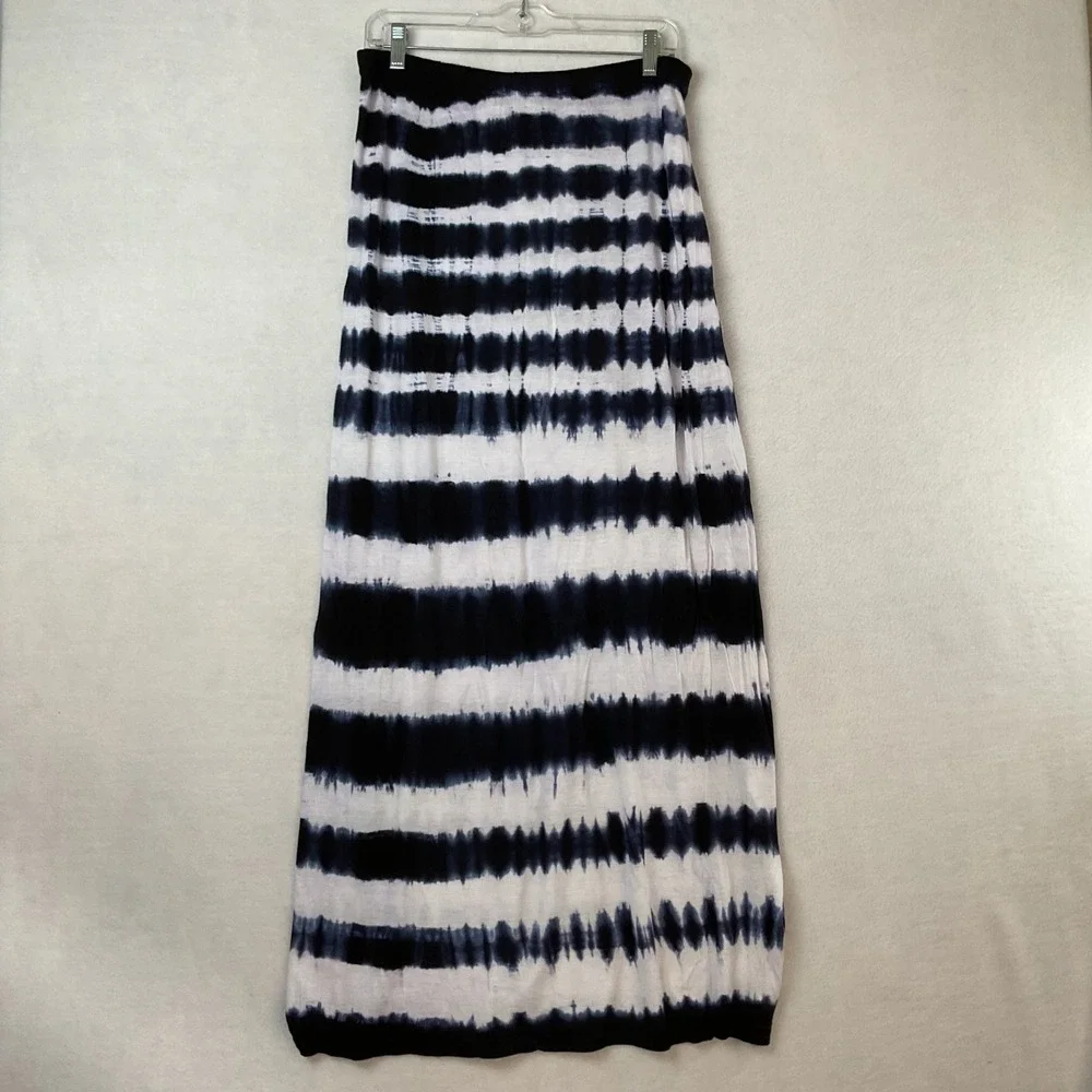 Gianni Bini Womens Navy Blue White Tie Dye Stripe Maxi Skirt Side Slit Size M